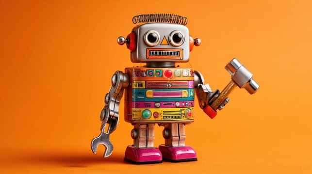 Friendly robot handyman toy on a vivid orange backdrop with clean copy space