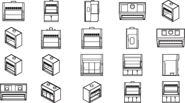 A collection of stylized illustrated elevator images, highlighting various designs and configurations.