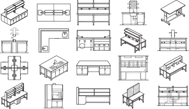A comprehensive array of meticulously crafted architectural blueprints that showcase a diverse collection of detailed furniture design and layout concepts, ideal for architectural renderings.