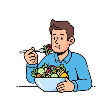 Man eating a salad with fork.