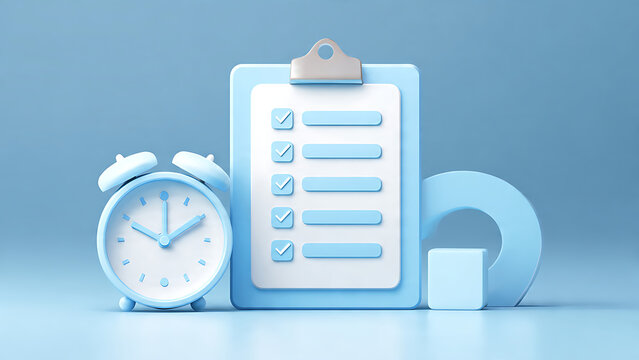 3D illustration of a clipboard with a checklist and an alarm clock, symbolizing planning and time management.