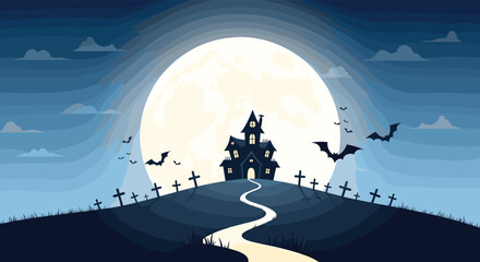 Fototapeta premium Spooky haunted house sits on a hill under a large full moon with flying bats and graves for a halloween background.