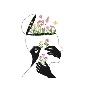 Person with flowers in head profile.