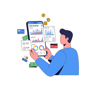 Man holding smartphone with financial charts.