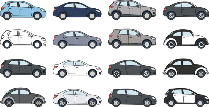 Car Vehicle Vector Set with Various Automobile Types and Color Variations for Transportation Design, Urban Mobility, Driving Concepts, and Automotive Illustration Use