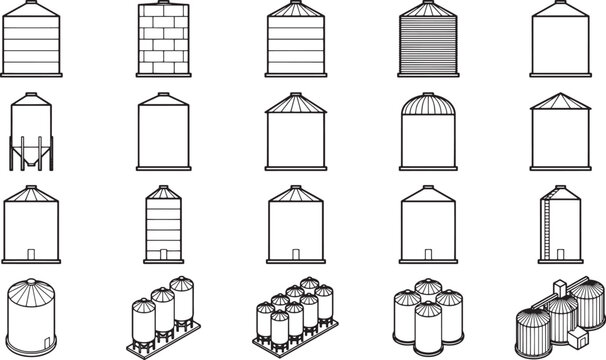 An array of grain storage structures, meticulously depicted in a graphic style, representing various architectural designs.