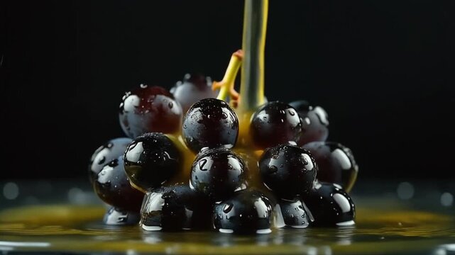 Fresh Orange Juice Splashing on Black Grapes in Slow Motion