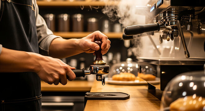 Barista preparing espresso with a tamper on a professional coffee machine in a cafe.