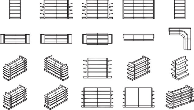 A collection of shelves for product display. Featuring an array of designs, perfect for showcasing goods in a modern retail environment, designed with a focus on form and function.