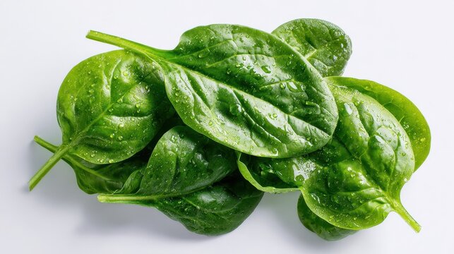 Close-up of spinach bunch with emerald leaves against a white backdrop