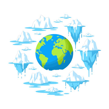 Earth Globe Surrounded by Icebergs Floating.