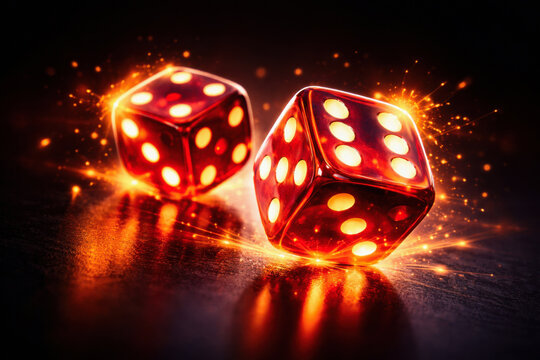 Two illuminated red dice with glowing dots and spark effects on a dark surface. Dynamic gaming concept with dramatic lighting and chance symbolism.