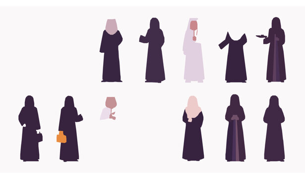 Traditional Arab men and women vector set in cultural clothing with thobe abaya and hijab characters flat illustration