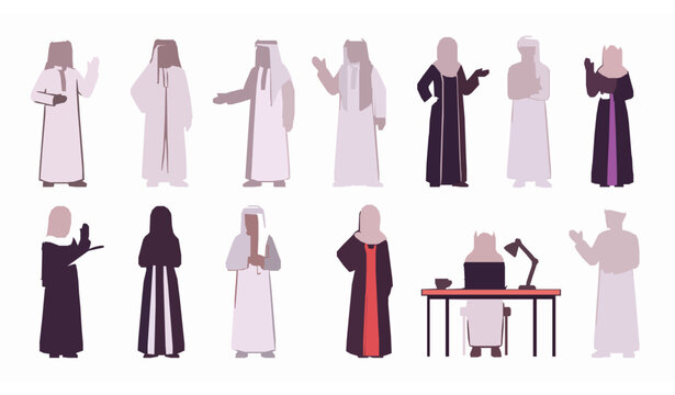 Arab men and women isolated characters vector set in traditional cultural clothing with diverse poses flat illustration