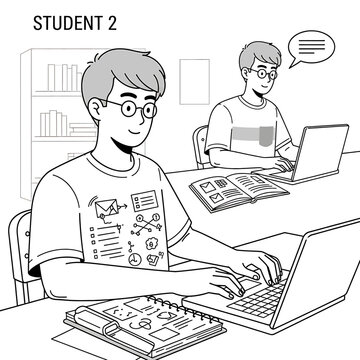 Young male student using laptop computer.