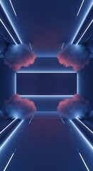Fototapeta premium Glowing light frames create a futuristic tunnel with ethereal clouds floating in the space.