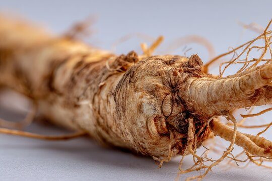 Close-up macro photograph of ginseng root showing textured beige-brown skin and fine rootlets
