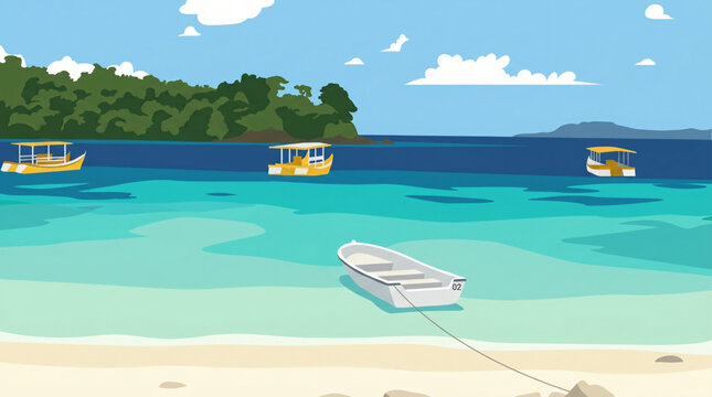 Flat vector illustration of a tropical beach in Aceh, Indonesia with clear turquoise water, small boats, and lush green island. Ideal for travel, tourism, summer, and nature background design projects
