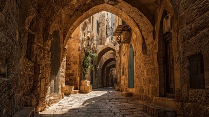 Obraz premium Historic Jerusalem street corridor: sunlit sandstone arches and cobblestone path