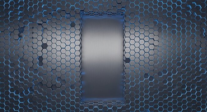 Metallic hexagonal grid pattern surrounds a central brushed metal rectangular panel illuminated with blue light.