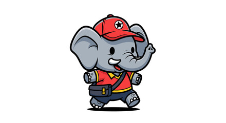Naklejka premium Cute Cartoon Elephant Mascot Wearing a Red Cap and Messenger Bag, Professional Delivery Service Character Illustration