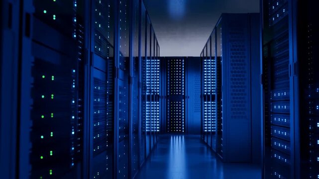 A Seamless Journey Through a High-Tech Data Center: Illuminated Server Racks and Advanced Storage Solutions Creating a Futuristic Environment