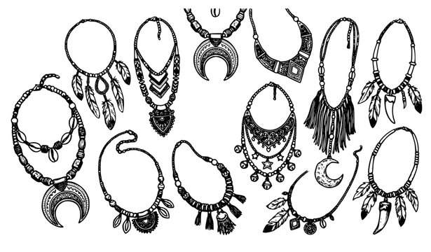 Black and white ethnic necklace vector collection in circular layout with tribal and aztec jewelry isolated on white