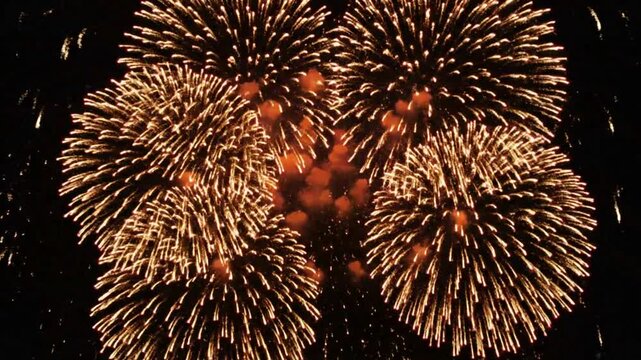 Spectacular Fireworks Display: Radiant Gold and Orange Bursting in the Dark Night Sky, Celebratory Event