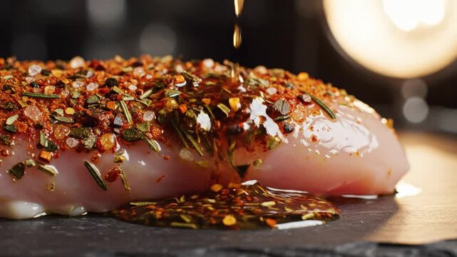 Close-up of raw chicken breast being drizzled with a flavorful marinade on a dark surface ready for cooking