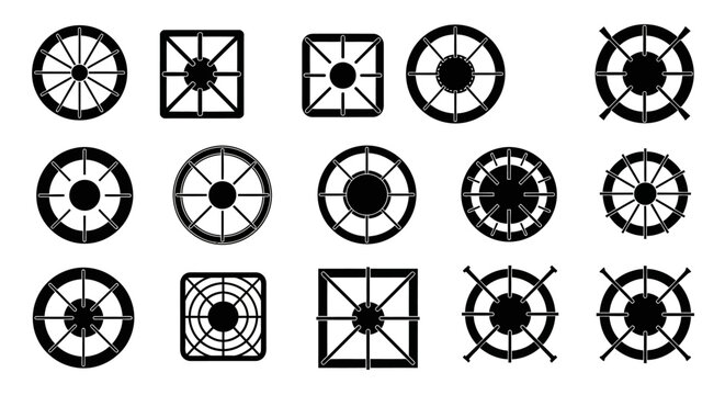 Collection of various black geometric wheel and compass navigation icons on white background for design and navigation purposes