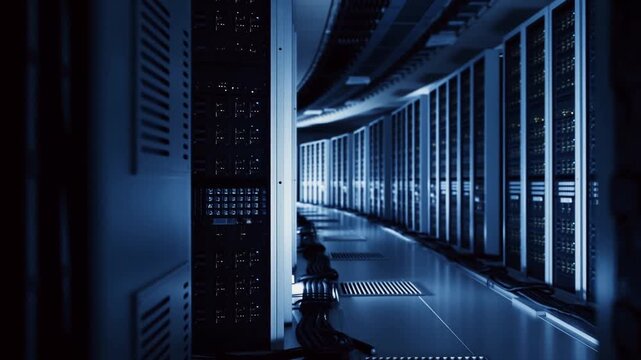 A Futuristic Data Center with Rows of Servers Illuminated by Soft Blue Light, Showcasing a High-Tech Environment for Cloud Computing and Data Storage