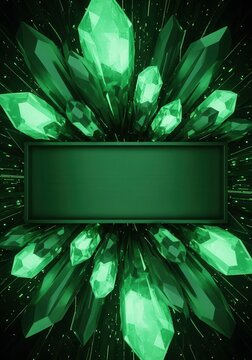 Glowing green crystals surround a central rectangular frame set against a dark background.