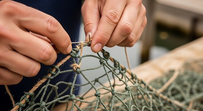 Close-up of fisherman's hands mending a fishing net with a needle