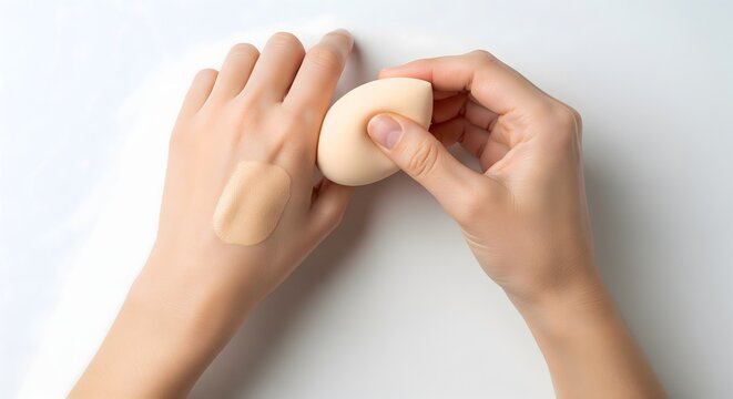 A close-up view of a person applying liquid foundation makeup to their hand with a soft beauty blender sponge, demonstrating cosmetic product application and skin tone matching.