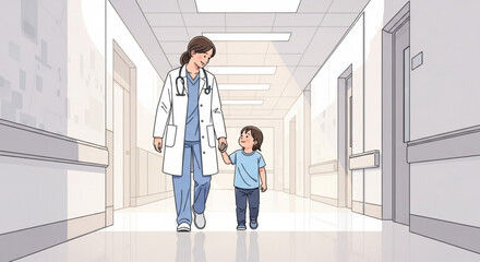 Fototapeta premium Doctor walking with child in hospital hallway illustration of care and medical support concept for healthcare 