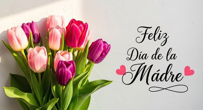 Vibrant bouquet of pink and purple tulips with happy mothers day spanish text