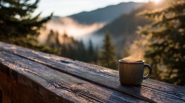 Cozy drink perched on a rustic wooden railing against a backdrop of misty alpine mountains