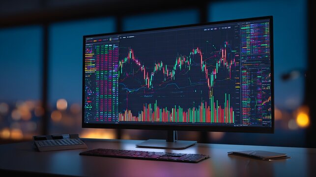 Modern home trading setup with large monitor displaying colorful candlestick charts and technical analysis indicators, LED backlit desk with keyboard and notebook