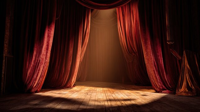 Bare proscenium stage framed by crimson velvet curtains in a quiet theater