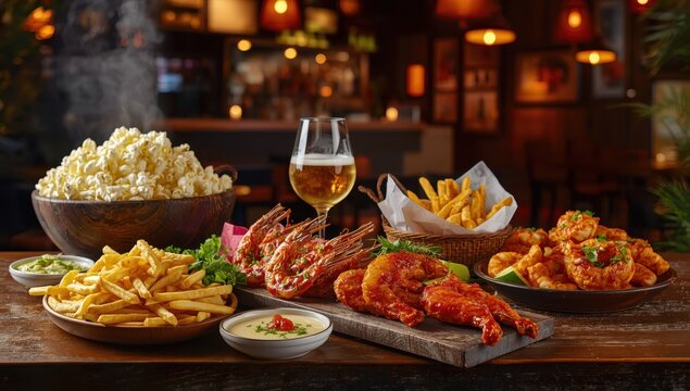 Bar offerings feature a range of light, savory bites such as pretzels, nachos, calamari, wings, sliders, and onion rings ideal for enjoying with beverages.