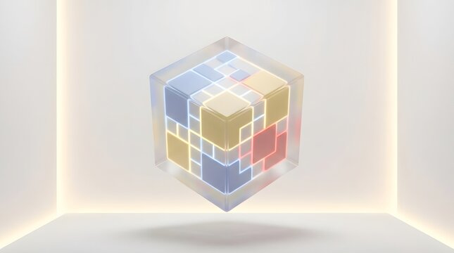 Colorful Glass Cube Floating in Minimal Corner