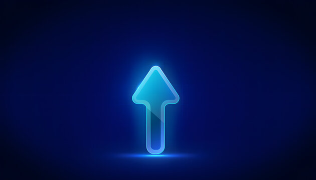 Glowing blue arrow points upward on dark background with grid lines and soft neon lighting.