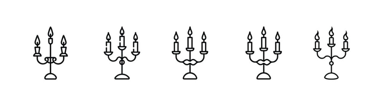 Classic candelabrum and candle holder web line icons set featuring vintage triple candle stand decorative burning wax lights for interior decor Vector Illustration with editable stroke