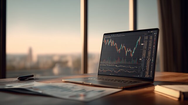 Modern trading workstation with laptop showing candlestick charts, analytics dashboard, financial documents and notebook, dramatic daylight office scene