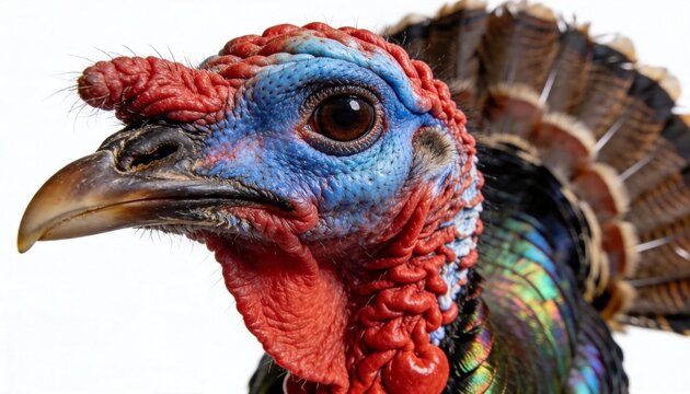 Close-up profile of a wild turkey's head with vibrant blue and red wattle and feathers against a white background