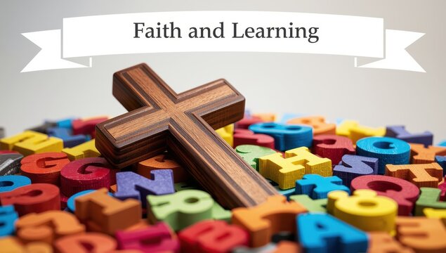 A cross sits atop a stack of wooden letters.