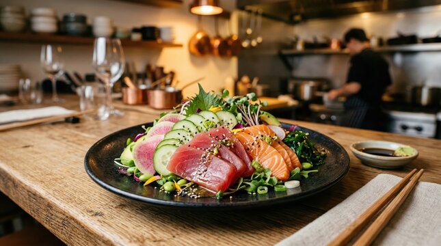 A glimpse of sashimi salad.