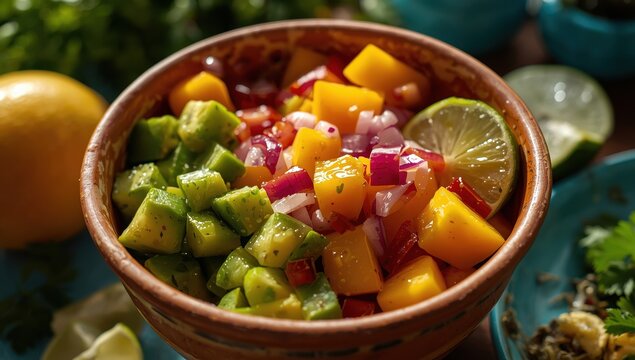 A lively salsa bowl features avocado, mango, red onion, and lime.