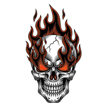 Aggressive Flaming Skull Vector Illustration with Fire Burning from Eyes and Head, Demon Spirit Mascot for Apparel and Logo Design