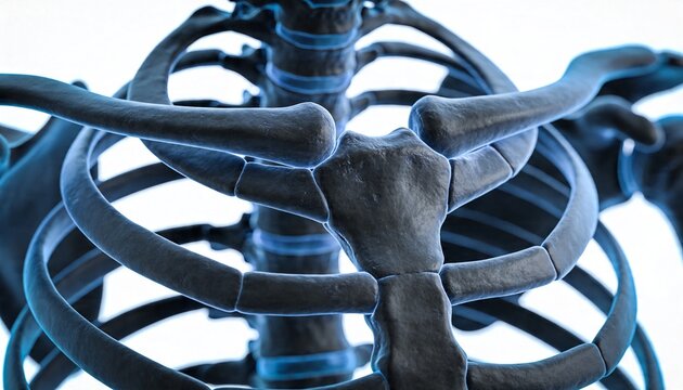 Detailed 3D rendering of the human rib cage and sternum with glowing blue accents, emphasizing skeletal anatomy